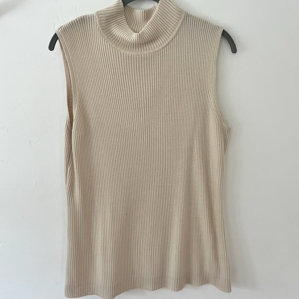 Croft & Borrow Beige Cotton Sleeveless Turtleneck Knit, Size Large